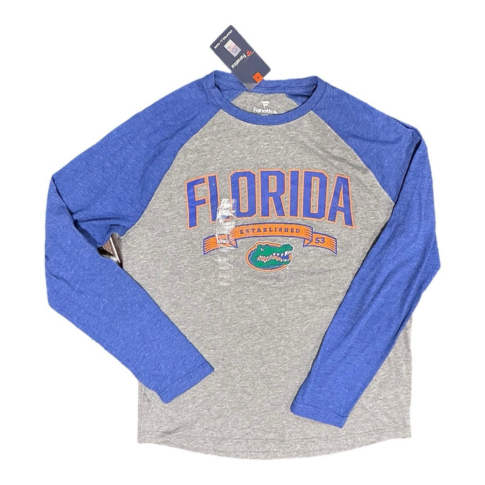 Florida Gators size Large Blue, Orange & Gray Raglan Sleeve Men's Shirt NEW